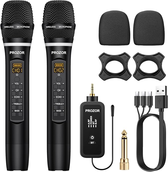 PROZOR UHF Wireless Microphone with Volume Treble Bass Echo Control Wireless Rechargeable Mic Dual Handheld Dynamic Mic System with Rechargeable Receiver for Karaoke Machines DJ Church Weddings