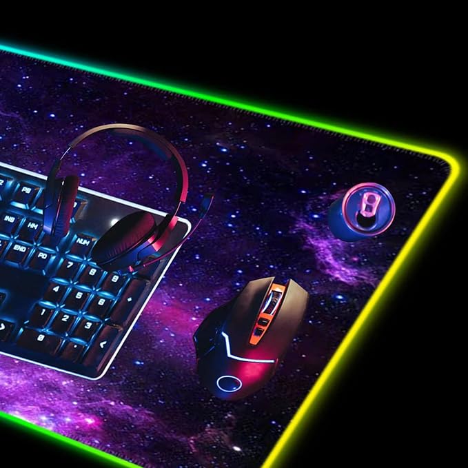 DINKY RGB Gaming Mouse Pad Large Extended Soft Led Mouse Pad with 14 Lighting Modes Water Resist Keyboard Pad Computer Keyboard Mousepads Mat 31.4×11.8 inches- Purple Nebula