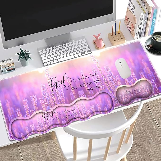 Large Gaming Mouse Pad + Keyboard Wrist Rest + Wrist Support + Coaster Set Memory Foam Ergonomic for Easy Typing XXL Extended Gaming Mouse Pad Table Pad - Quote Bible Verse Psalm 46:5