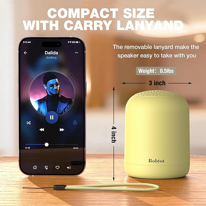 Bobtot Portable Bluetooth Speakers Wireless Waterproof Shower Speaker with 24H Playtime Loud Stereo Sound TWS Built-in Microphone Small Size with Carry Lanyard Yellow