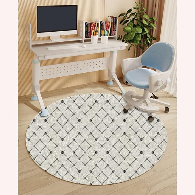 White Grey PU Leather Round Floor Mats for Office Chair Geometric Repeating Dotted Rhombuses Under Computer Desk Floor Protector for Rolling Chairs Non Slip Anti Scratches Modern Diameter 55 in