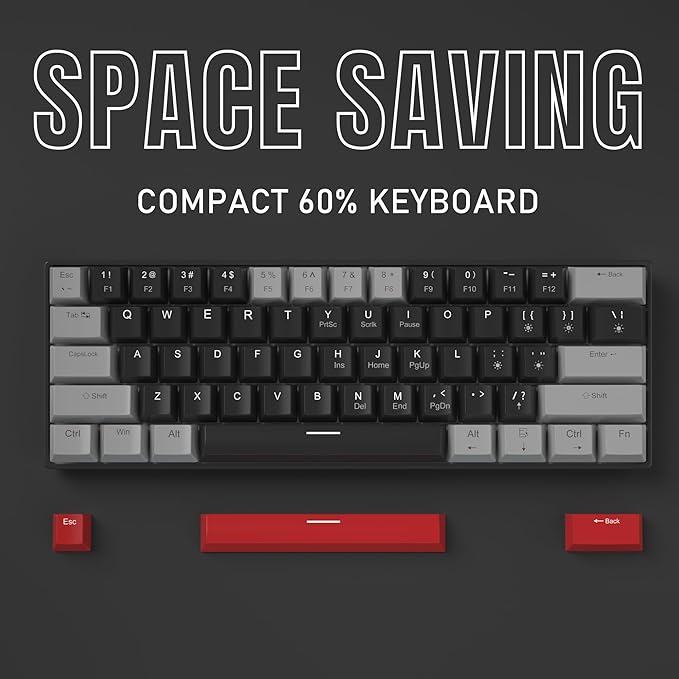 Camiysn 60% Mechanical Gaming KeyboardMixed Color Keycaps Gaming Keyboard with Linear Red Switches Detachable Type-C Cable Mini Keyboard with Blue LED Light for PC/Laptop