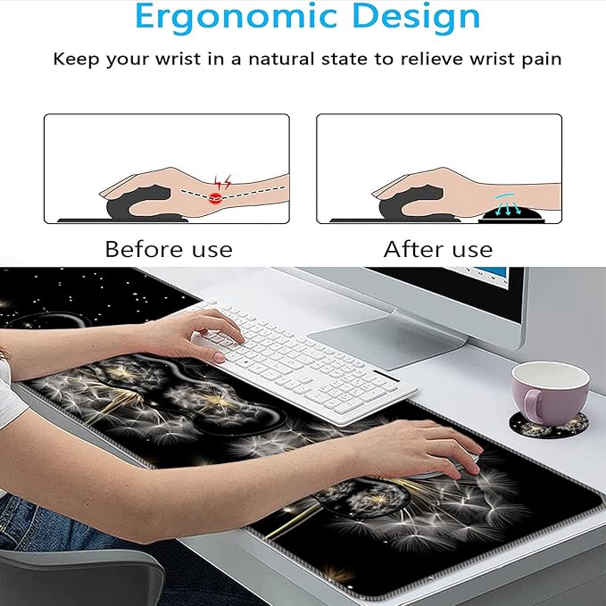 Keyboard Mouse Pad SetLarge Mouse Pad+Keyboard Wrist Rest+Wrist Support+Coaster31.5x11.8in Extended Desk Mat for Computer Laptop Office Home-Dandelion