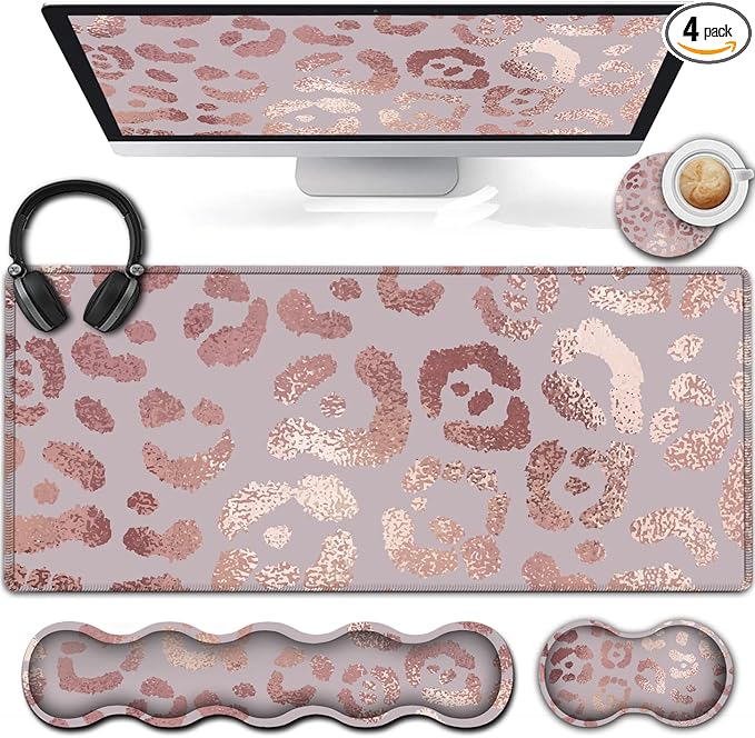 Large Mouse Pad Extended Gaming Mouse Pad 31.5x11.8 Ergonomic Memory Foam Keyboard Wrist Rest Supportfor Home Laptop Working Big Office Desk Pad with Non-Slip Base Rose Gold Leopard Pink Desk Mat