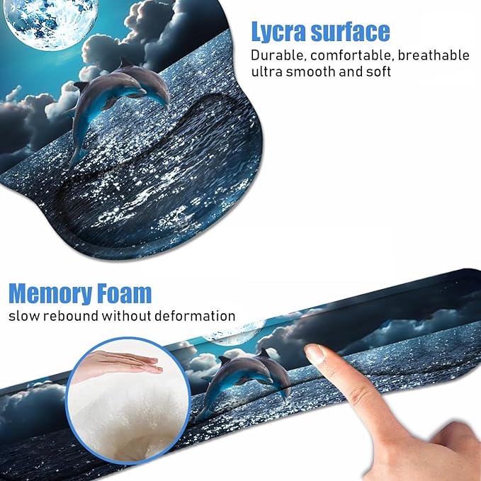 Keyboard Wrist Rest + Mouse Pad Wrist Support Set with Coasters Non-Slip PU Base Ergonomic Mousepad for Home Office Working Studying Easy Typing &amp Pain Relief Dolphin