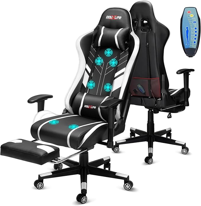 Douxlife 7-Point Massage Gaming Chair with Footrest 400lbs Heavy Duty Ergonomic Computer Chair 175° Reclining High Back Racing Seat for Adults with Adjustable Armrests &amp Lumbar Support White