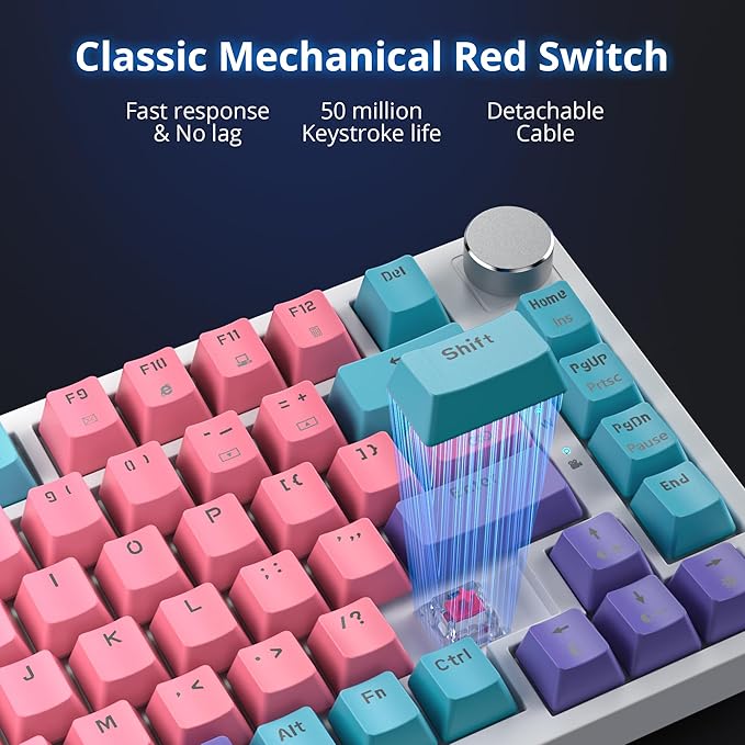 75 Percent Pink Keyboard Gasket-Mounted with Sound Absorbing Pads and Pbt Keycaps 82-Key Compact Wired RGB Mechanical Gaming Keyboard Hot-Swap Socket for Win Miami Theme Pink