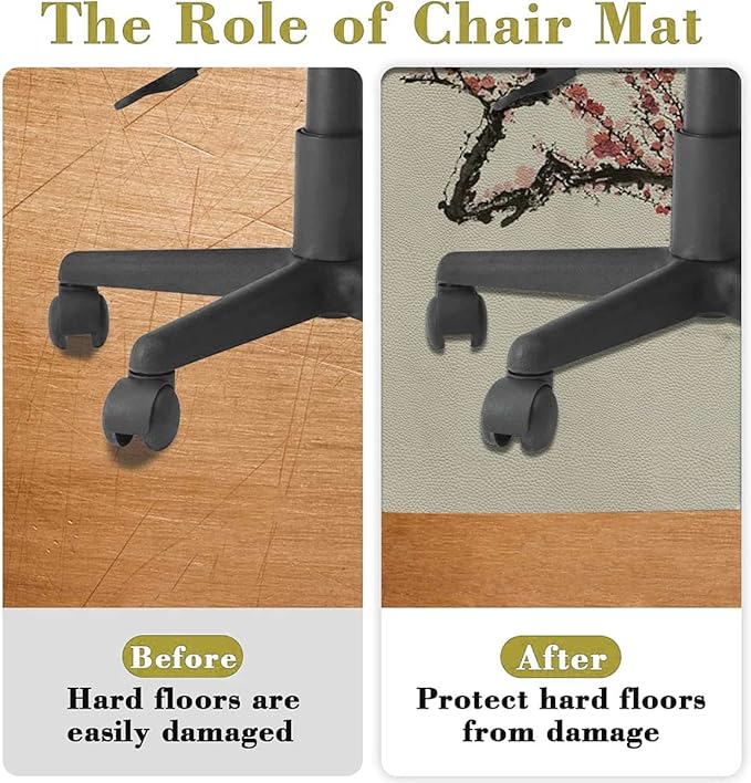 Burgundy Black PU Leather Chair Mat for Hardwood Floor &amp Tile Floor Nature Cherry Branches Flowers Anti-Slip Low Pile Under Desk Rug Large Floor Protector Apartment Decor Diameter 39.4 in