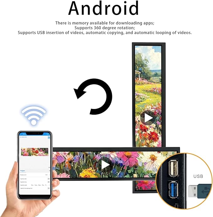 VSDISPLAY 24 Inch Touch Screen 1920x360 IPS Monitor Android 11 Stretched Bar LCD Auto Copy Autoplay as Extra Advertising DisplaySupports USB/SD Input