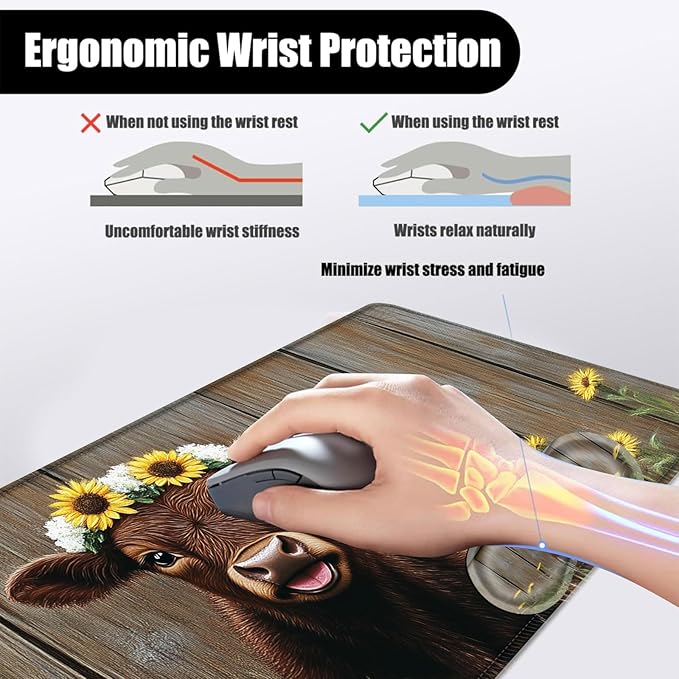 Mouse PadLarge Desk Mat Set 4in1 XL Mousepad + Keyboard Wrist Rest+Mouse Wrist Rest+Coaster with Ergonomic Desk Pad for Home Office Table Computer Cover -Calf with Sunflower Crown
