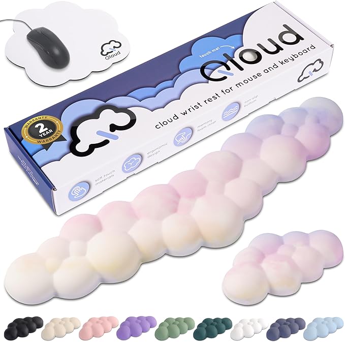 Qloud Cloud Wrist Rest Keyboard Wrist Rest for Computer Keyboard Pad Cloud Keyboard Wrist Rest Wrist Pad for Keyboard Memory Foam Non Slip Base Comes with Mouse Pad - Rainbow