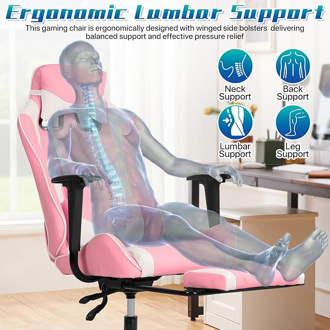 Ergonomic Gaming Chair with Footrest High Back PU Leather Office Desk Chair for Adults Teens Rolling Swivel Computer Chair (Pink)