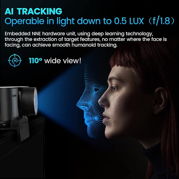 ROCWARE 4K Webcam with Remote RC16 Computer Camera with Microphone1080p 60fps FHDAI TrackingPrivacy Cover WDR110°FOV8X Digital ZoomStreaming Camera for PC/Meeting/Teaching/Zoom