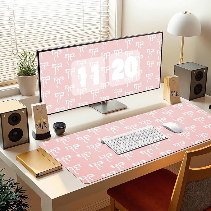 Trendy Girl Bow Desk Mat 27.6''X13.8''Cute Kawaii Design Desktop Mat Pu Leather Large Mouse Pad Aesthetic Mousepad Non-Slip Table Mat for Girls Women Office Home Work Computer Game