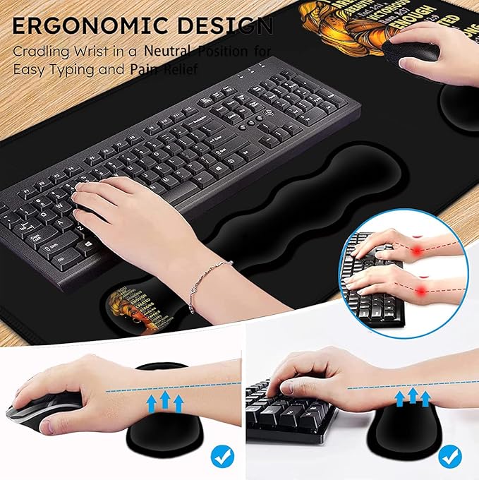 Large Mouse Pad with Wrist Support Ergonomic Memory Foam Keyboard Wrist Support &amp Non-Slip Mouse Wrist RestExtended Gaming Mouse Padsfor Laptop Office Desk Mat African Art Black Queen Anime Patt