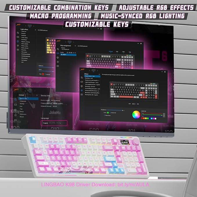 LINGBAO K98 PRO Anime Mechanical Keyboard Wireless with Screen &amp KnobRGB Gaming Keyboard Tri-Mode BT5.0/2.4GHz/USB-C Gasket Mount Hot Swappable Linear Switches Gamer Keyboards for PC/Mac/Andro