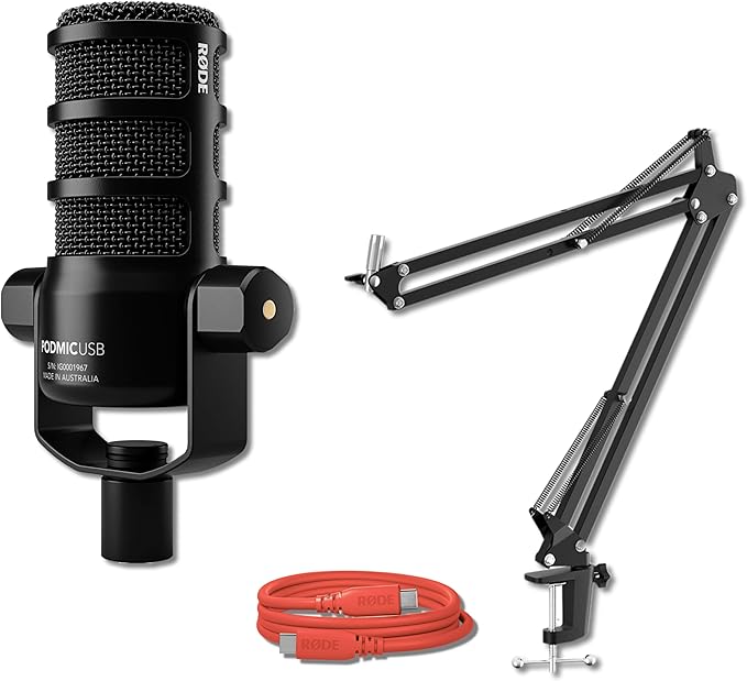Rode PodMic USB Dynamic Broadcast Microphone with Rode SC27 Red USB-C to USB-C Cable and StreamEye Adjustable Boom Arm