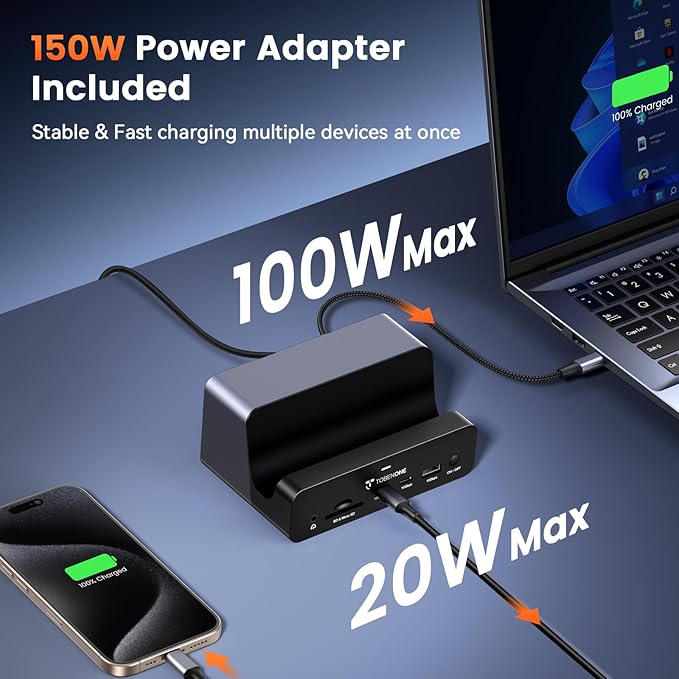 TobenONE 18-in-1 Triple 4K@60Hz Monitor Docking Station with 150W Power Supply USB C Laptop Docking Station Stand(Single 4K@144Hz) 2.5Gbps Ethernet 2 HDMI &amp DP 8 USB for Windows&ampChromeOS