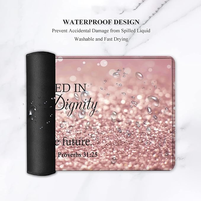 Large Gaming Mouse PadExtended Office Desk MatWaterproof Desk Writing Pad for Office/Home Ergonomic Mouse &ampKeyboard Wrist RestProverbs 31:25 Bible Verse Laptop Desk Pad Pink Mousepad Wrist Supp