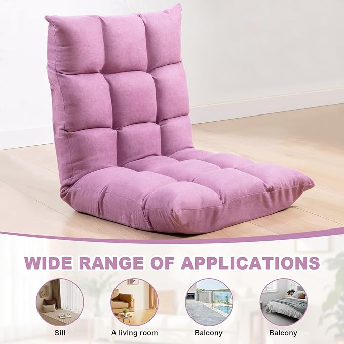 Folding Floor Chair 5-Position Cushioned Adjustable Lazy Sofa Foldable Floor Lounger for Adults Kids Gaming Reading Meditating (Purple)