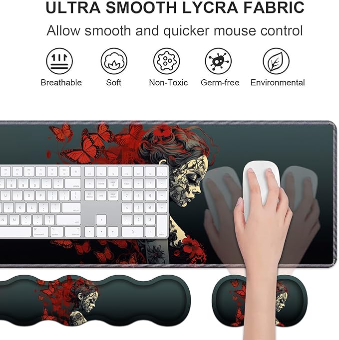 Ergonomic Keyboard Wrist Rest &amp Mouse Pad Wrist Rest Set Large Gaming Desk Mat 31.5x 11.8 with Non-Slip Base Memory Foam Easy Typing Pain Relief for Home &amp Office Tattooed Girl and Red B