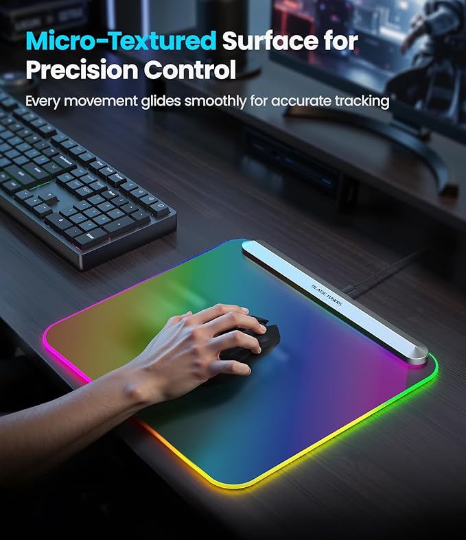 BladeHawks BX10 Fully Illuminated RGB Gaming Mouse Mat: Backlit Design - 15 Zone Chroma Lighting - USB 2.0 Port - Detachable USB Type C Cable - Micro Textured Surface - Anti Slip Base-Silver