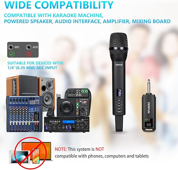 Rechargeable Wireless Microphone Pro Handheld Cordless Mic System with Echo Treble BASS VOL Control for Karaoke Singing Church Party 1/4'' Output Black