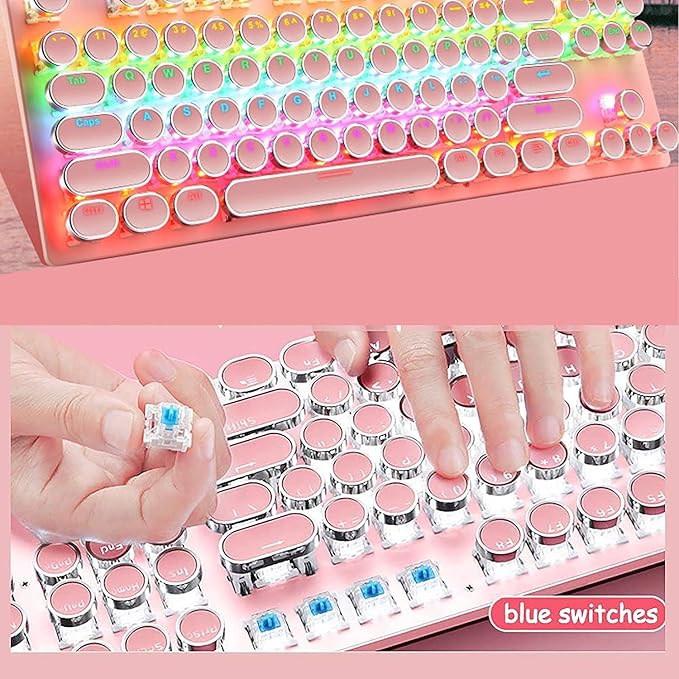 Mechanical Gaming Pink Keyboard87 Key Retro Punk Typewriter-StyleBlue Switch RGB Backlit KeyboardAnti-Ghosting USB Wired for PC Laptop Desktop Computer for Game and Office