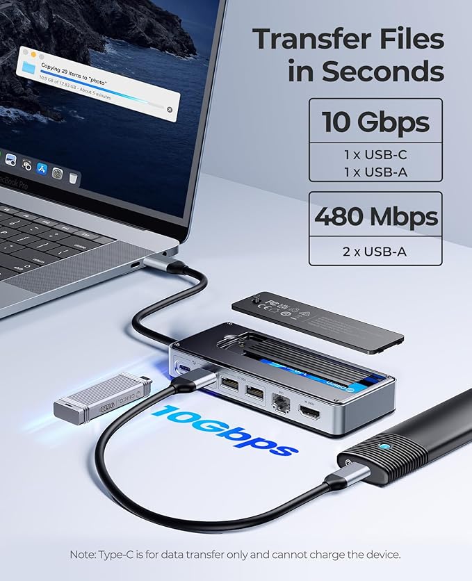 ORICO USB-C Hub with M.2 SSD Enclosure 8-in-1 USB C Docking Station Fits M.2 NVMe/SATA SSD 10Gbps 4K@60Hz HDMI 100W PD Ethernet - OM28PR