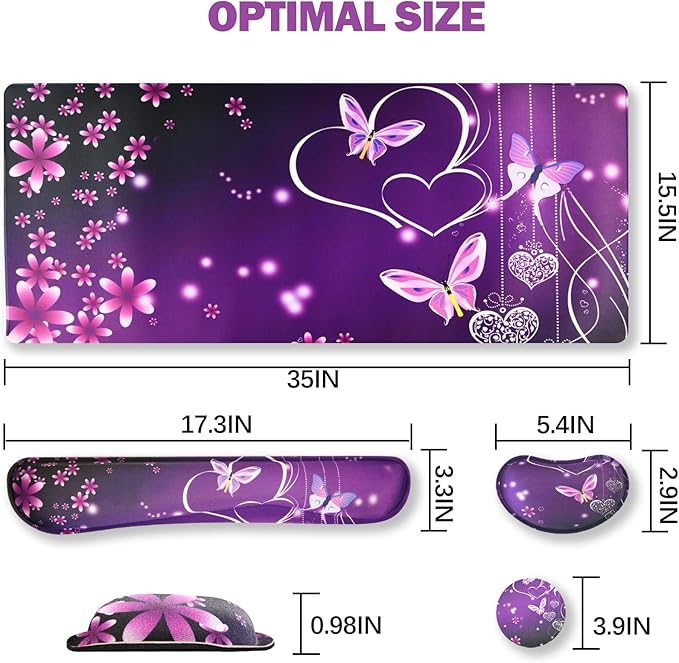 ARTSO Large Gaming Mouse Pad Keyboard Wrist Rest Pad &amp Wrist Support Mousepad Set Stitched Edge Extended Non-Slip Base Memory Foam Desk Mat for Office Home Purple Heart Butterfly