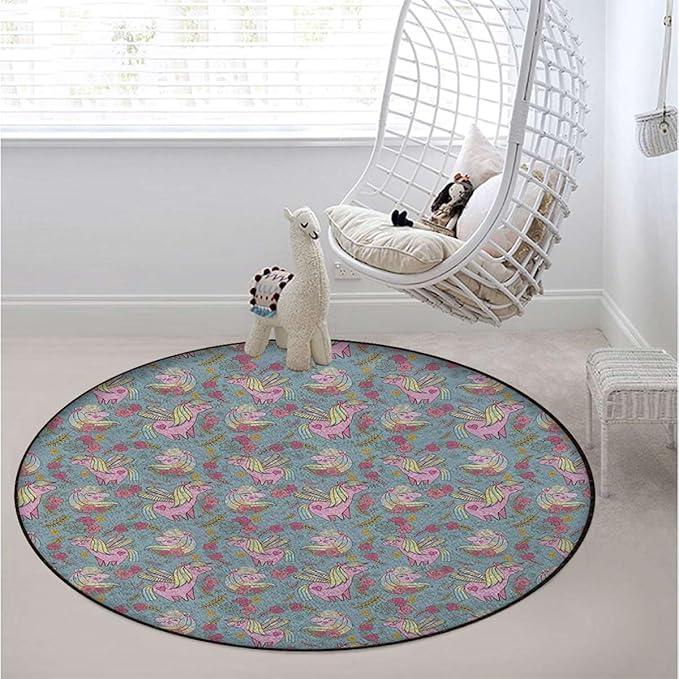 Multicolor Round Area Rug Doormat Non-Slip Floor Mat Carpet for Bedroom Living Room Study Playing Carpet The Sky with Rainbows Girls Print Diameter 35.4 in