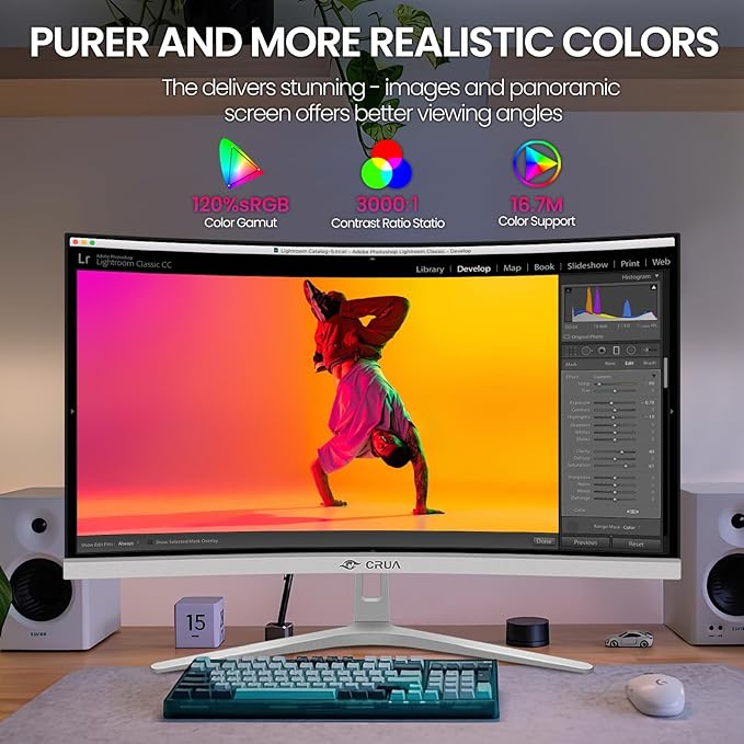CRUA 27 Curved White Monitor Full HD(1920x1080P) VA Panel 1800R 100HZ 120% sRGB Professional Computer Monitors 3Sides Frameless Flicker-LessBlue Light Filter for Office &amp Gaming (VGA HDMI)