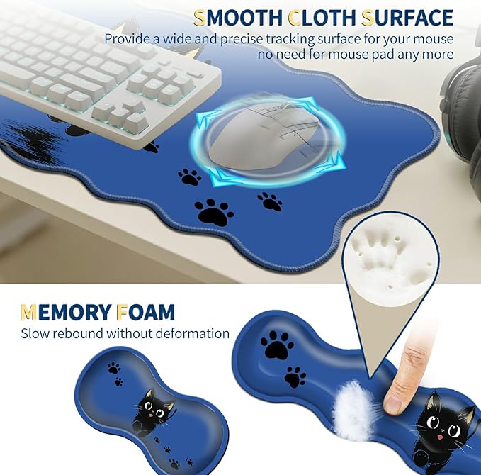 4-in-1 XXL Gaming Mouse Pad Set (31.5x11.8) with Keyboard Wrist RestMouse Wrist Support &amp CoasterNon-Slip Desk Mat for Office、Home、GamingCute Black Cat