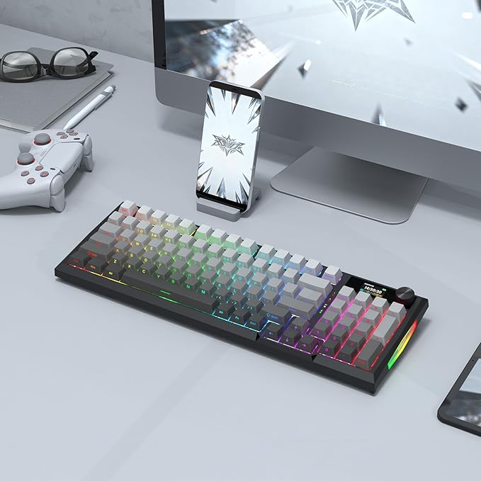Redragon Wireless Mechanical Keyboard Gasket RGB Gaming Keyboard with Screen &amp Knob Tri-Mode BT5.0/2.4G/USB-C 95 Keys Hot Swappable Side Printed PBT Keycaps Thick Pre-Lubed Linear Switch K72
