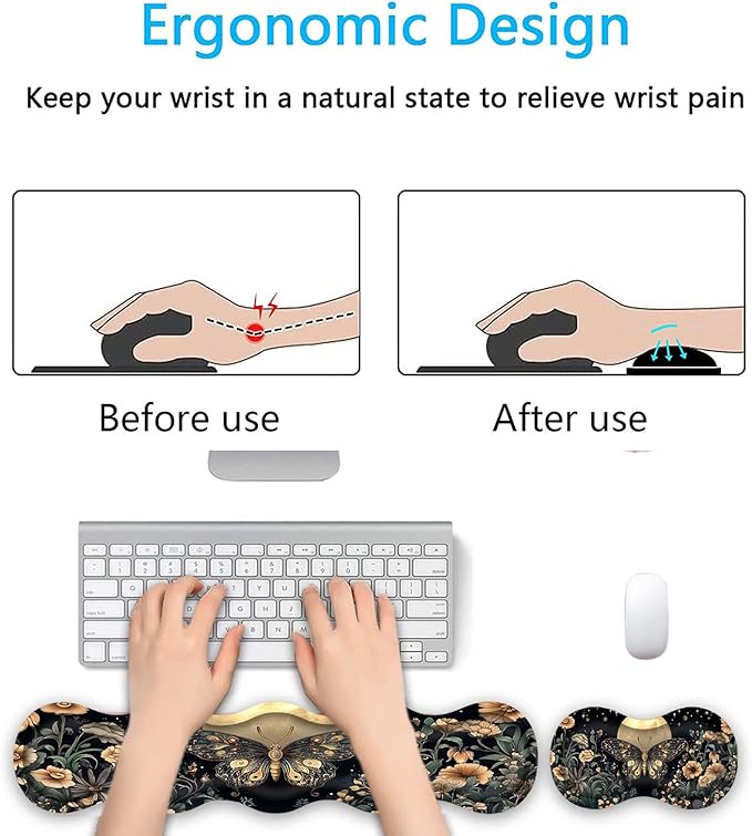 Keyboard Wrist Rest SetMemory Foam Wrist Support Mouse Pad31.5x11.8 Desk Mat for Comfortable Typing &amp Pain ReliefNon-Slip Base for Office &amp Home Use - Flower Butterfly Moon