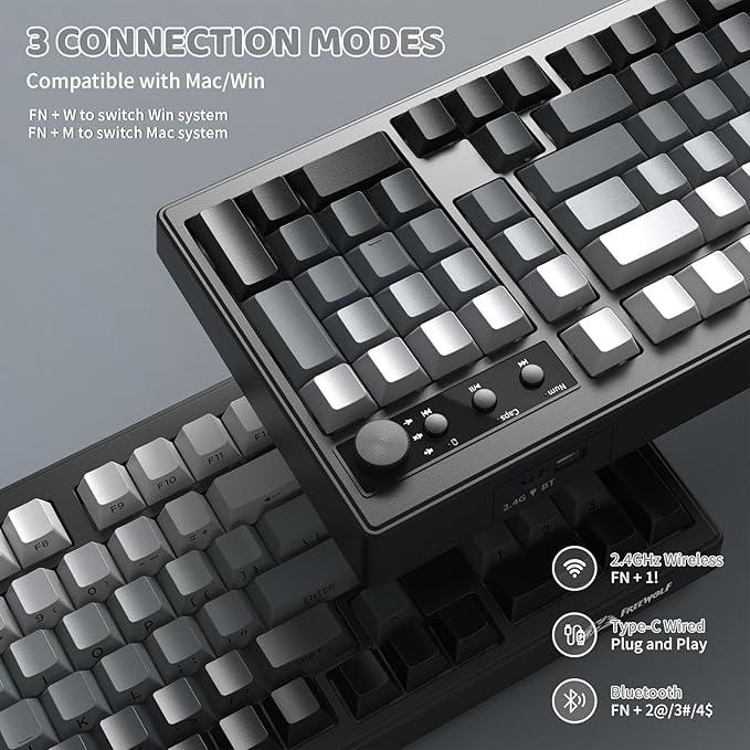 ZIYOU LANG K100 Wireless Gaming Keyboard99 Keys Tri-Mode BT/2.4GHz/USB-C Creamy Color Keyboard with Number Pad RGBMedia Knob Custom Programmable Computer Keyboards for PC/Mac/Xbox (Black)