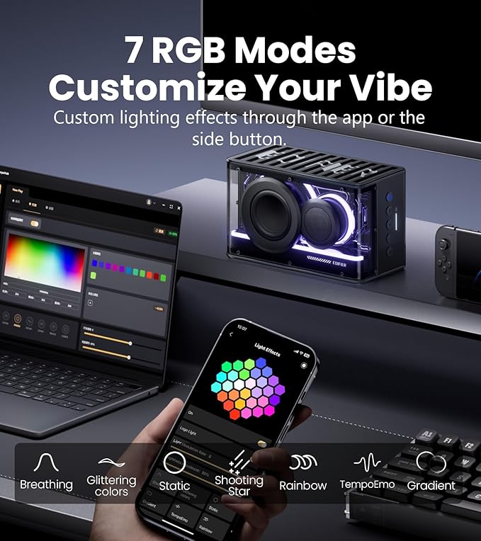 Edifier QD25 Bluetooth Speaker | Portable Desktop Audio 25W (RMS) Dynamic Sound Hi-Res Audio Splendid Light Effects 15H Playtime Bluetooth 6.0 Wireless Stereo Pairing Black