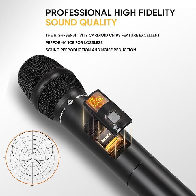 Wireless Microphone System Metal Dual UHF Cordless Handheld Dynamic Karaoke Mic Set Auto Scan Long Range 200ft for Home Karaoke Singing DJ Party Church Wedding Speech (UM203)