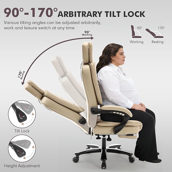 500lbs Plus Size Office Chair with Lumbar Support PU Leather Big and Tall Heavy Duty Reclining Office Desk Chair with Foot RestBeige