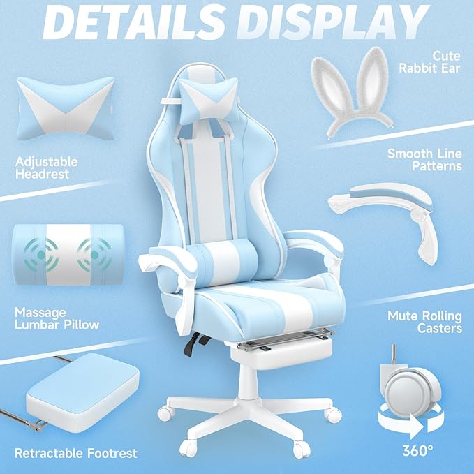Ferghana Kawaii Bunny Ears Gaming Chair Cute Gamer Chair with Footrest and Massage Leather Ergonomic Computer Game Chairs for Girls Adults Teens Kids Light Blue