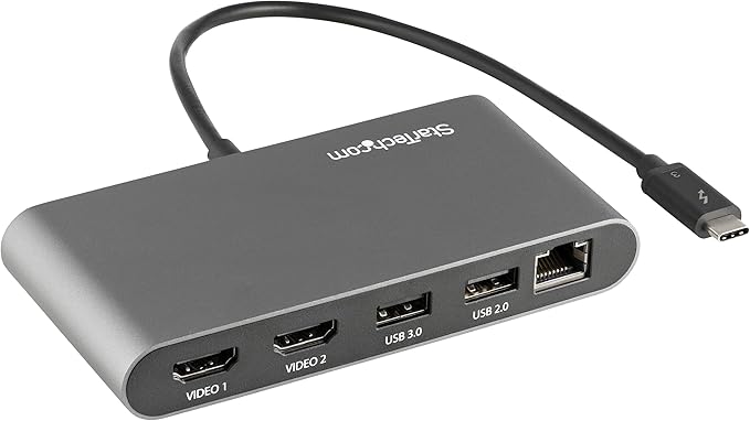 StarTech.com Dual-Monitor Thunderbolt Mini Dock 4K 60Hz HDMI Driverless Hub for Windows and Mac Gigabit Ethernet 1 x USB 5Gbps 1x USB 2.0 11in (28cm) Cable