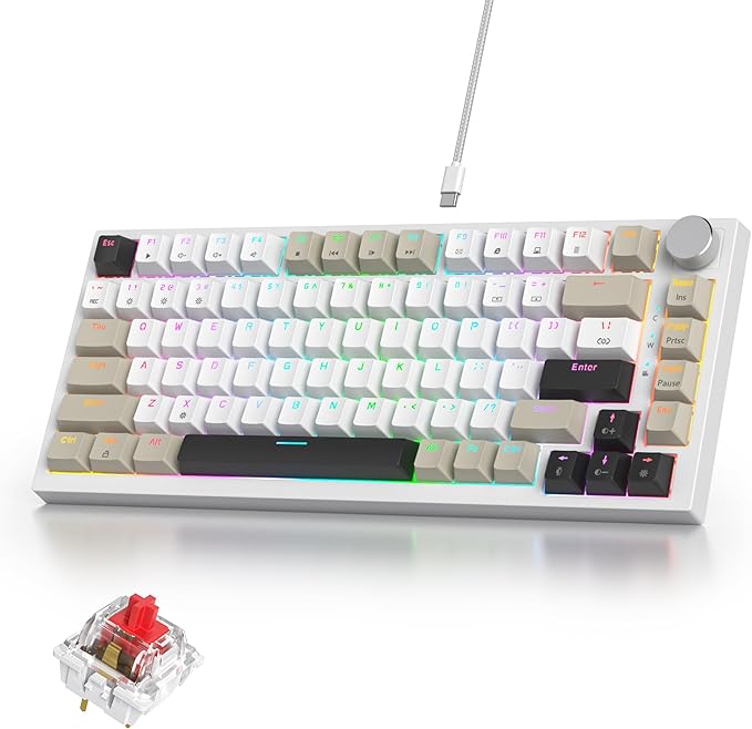 75% Mechanical Gaming Keyboard with Volumn Knob Gasket Hot Swappable RGB Wired Red Switch 82 Keys Compact Creamy (Black Grey)