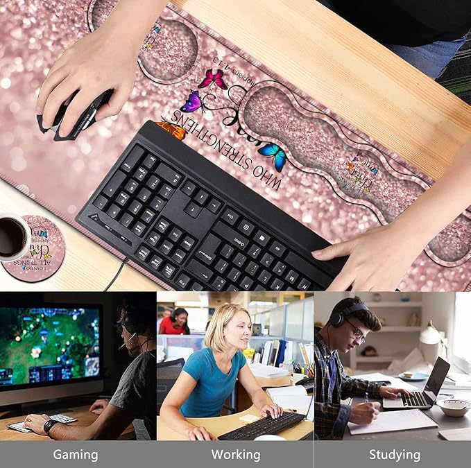 Gaming Mouse Pad Ergonomic Memory Foam Keyboard Wrist Rest Support &amp Non-Slip Mouse Wrist Rest for Laptop Desk Writing Pad Philippians 4:13 Pink Glitter Office Desk Mat Extended Large Mouse Pad