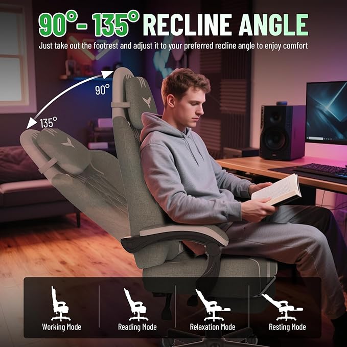 Ferghana Cotton Fabric Gaming Chair with Wider Seat Cushion Diamond Double-Stitching Ergonomic High Back Game Chair with Footrest Computer Chair with Massage Lumbar Support for Adult Green/White