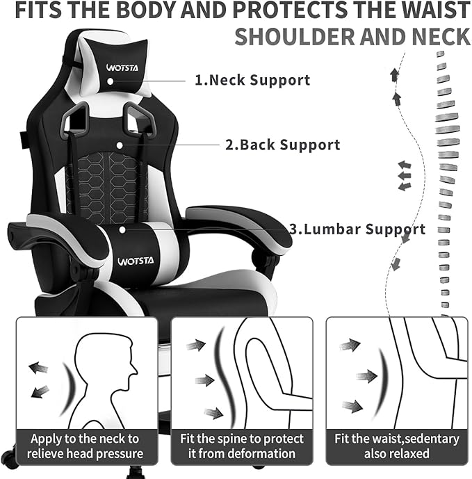 Gaming Chair with MassageErgonomic PC Gaming Chair with Footrest Comfortable Headrest and Lumbar SupportHigh Back PVC Leather300LBS (Black White)