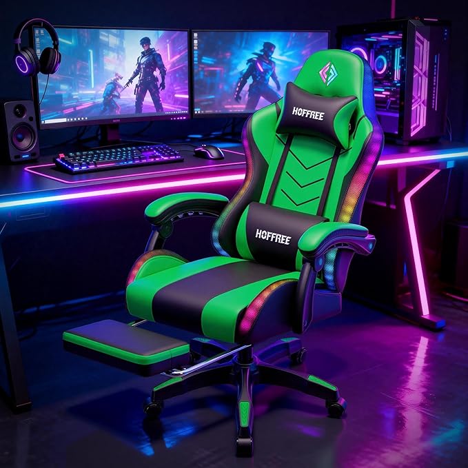 HOFFREE RGB Gaming Chair with Rhythm LED Lights and Speakers Massage Computer Chair with Footrest Music Video Game Chair High Back with Lumbar Support Green