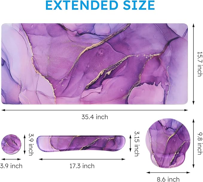 iCasso Purple Ergonomic Large Mouse Pad with Wrist Support 4in1 XXL Desk Mat Set- Keyboard Wrist Rest + Mouse Wrist Rest + Coaster Marble Style Desk Pad Mousepad