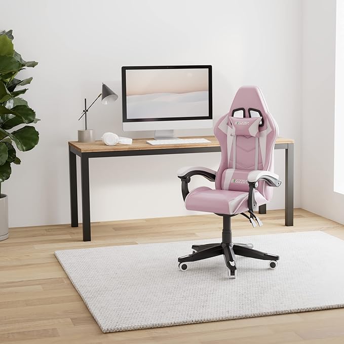 Bigzzia Gaming Chair Ergonomic Video Game Chairs with Pillow and Lumbar Support Racing Style Height Adjustable Computer Chair with 360°-Swivel Seat for Adults and Teens (Pink)