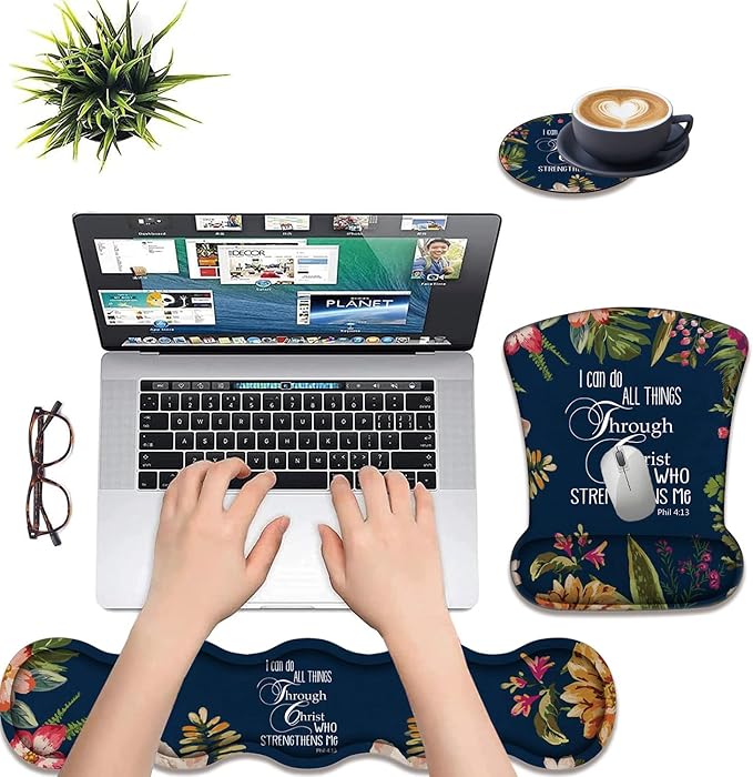 3 in 1 Keyboard Wrist Rest + Mouse Pad and Coaster Ergonomic Gel Mouse Pad and Keyboard Pad Set Comfortable Lightweight for Easy Typing Pain Relie Bible Verse Phil 4-13