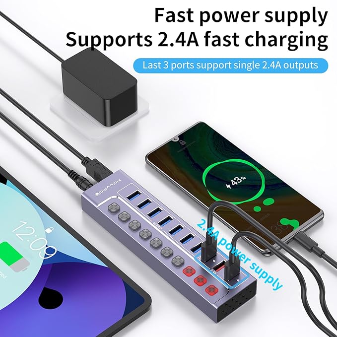 Powered USB 3.0 Hub 10-Port USB Hub Splitter with Individual Switches and Indicators 7 USB 3.0 Data Transfer Ports 3 2.4A Smart Charging Ports + 12V3A UL Listed Power Adapter
